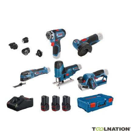 Bosch Blauw 5 Toolkit 12V - accuboor + haakse slijper + decoupeerzaag + schaafmachine + multitool 12V 2 x 2.0Ah/1 x 3.0Ah in XL-Boxx 0615A0017D - 1