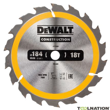 DeWalt DT1938-QZ Cirkelzaagblad 184 x 16 mm 18T ATB 20° - 1