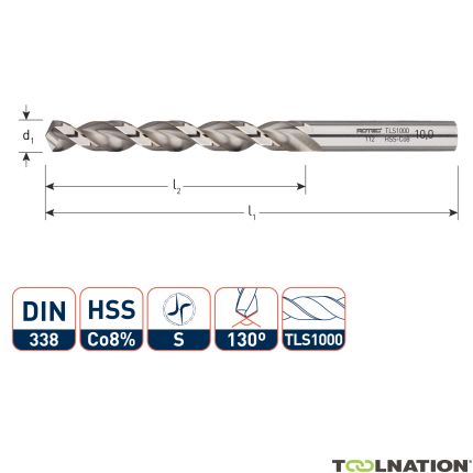 Rotec 1120130 HSS-E-Spiralbohrer, DIN338, Typ TLS1000, Ø1,3 - 1