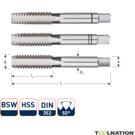 Rotec 3060022 HSS Handgewindeschneidsatz 3 Stück DIN 352 BSW 9/16-12 - 1