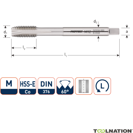 Rotec 330.1200L HSS-E 800 Maschinengewindebohrer DL DIN 376B M12x1,75 links - 1