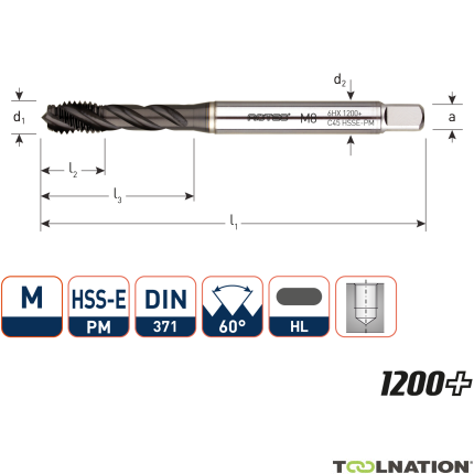 Rotec 336.1000C HSS-E PM 1200 machinetap BL DIN 371C/45° M10x1,5 - 1