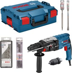 Bosch Blau GBH2-28F Bohrhammer 3.2J 880w im Koffer + 2 Meißel + 3-teiliges sds plus Bohrerset + 6-teiliges Metallbohrerset 0615990HG8